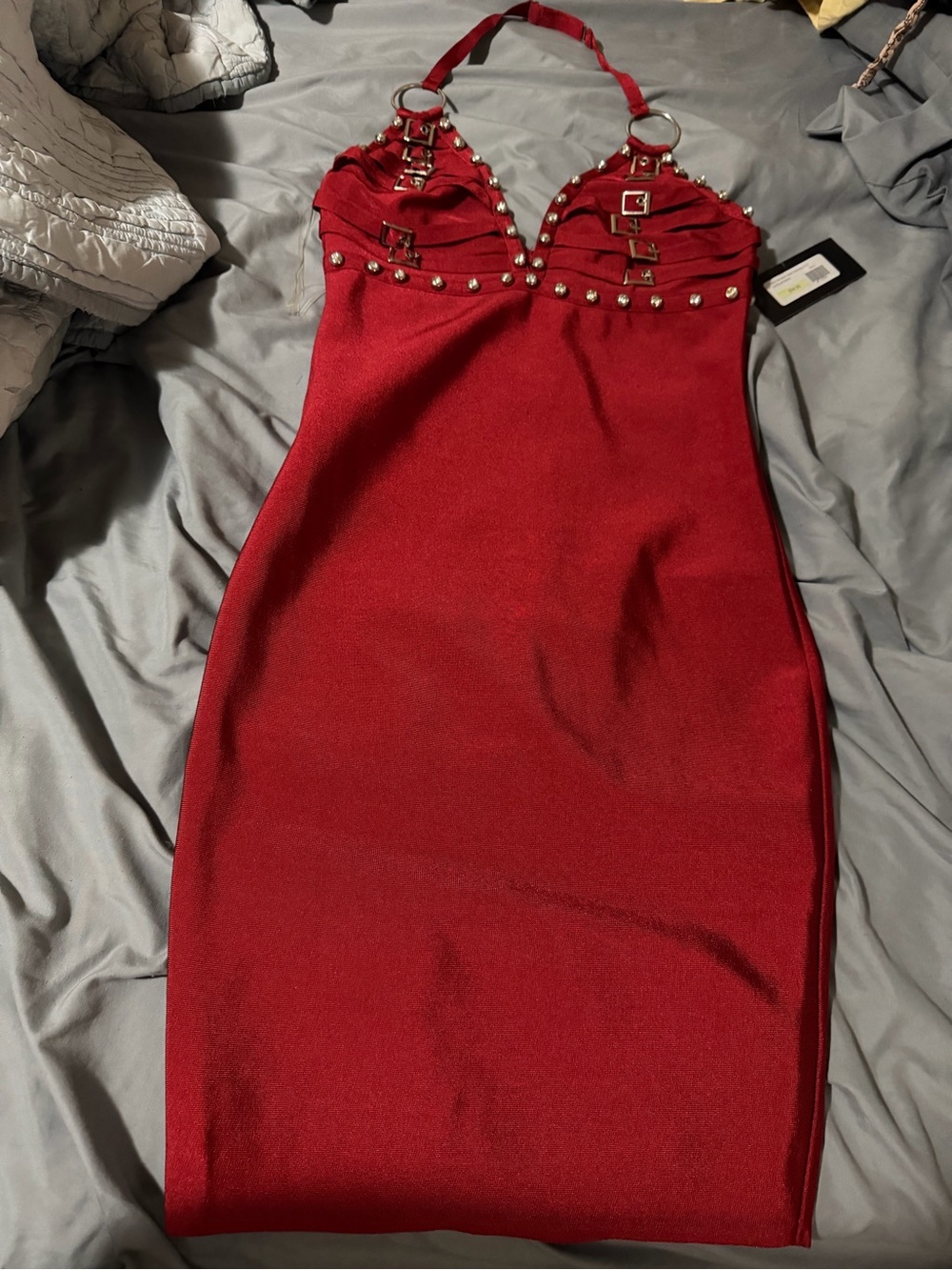 Studded Red Halter Bodycon Mini Dress S NWT